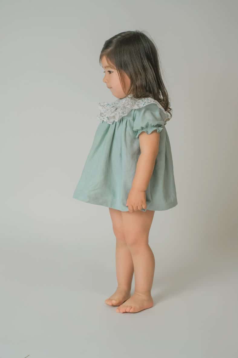Vestido Lino cuello flor acuarela verde suave