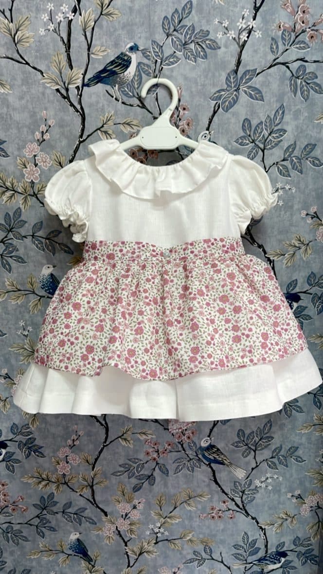 Vestido Lino delantal Flor Frambuesa